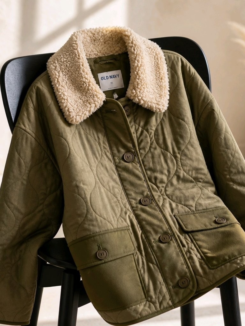 Old Navy Women's Olive Quilted Jacket with Sherpa Collar